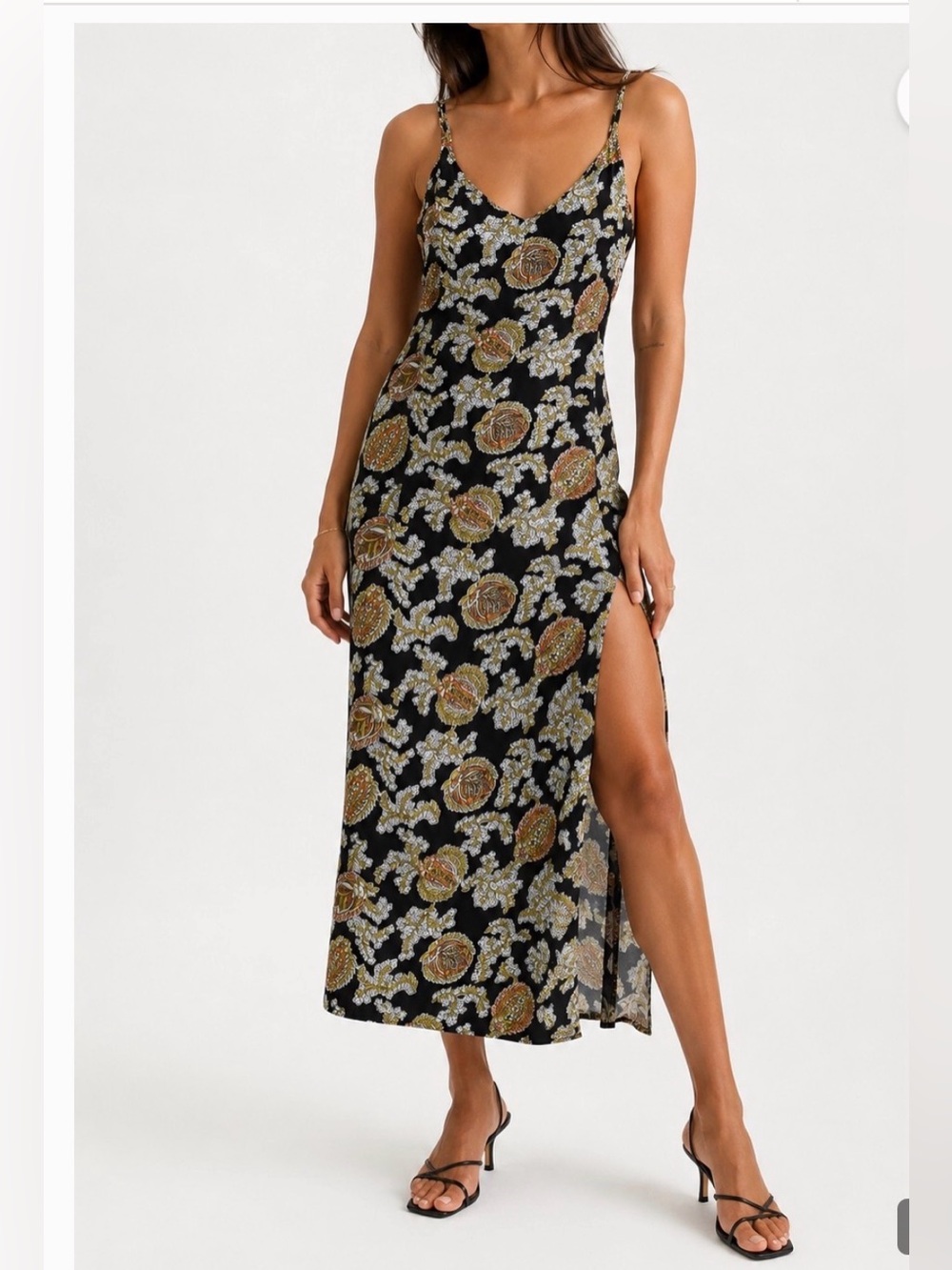 Reformation Black Maxi Slip Dress with Orange and Cream Paisley